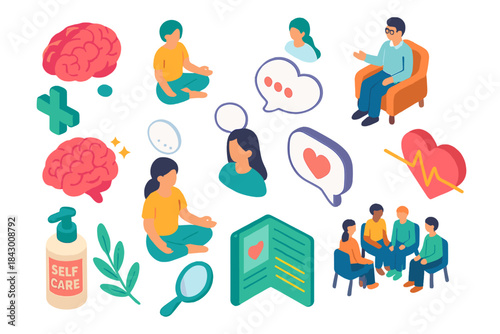 Mental health flat icon set. featuring meditation, therapy, conversation, heart rate, self-care, support group