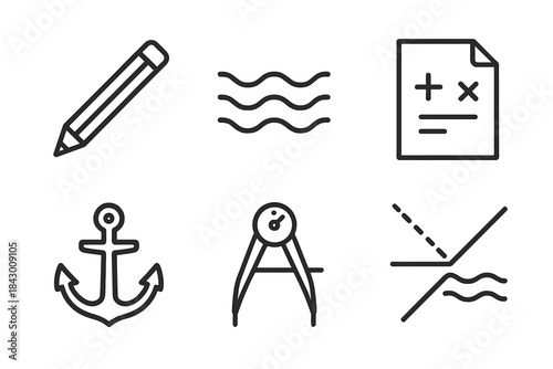 Harbor Calculation Icons. Line style icons of harbor calculation scene: writing tool, gentle wave, equation sheet, anchor form,