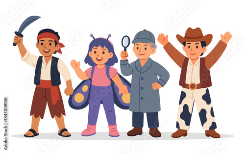 Four Cheerful Children Playing Adventure With Pirate, Detective, And Explorer Costumes.