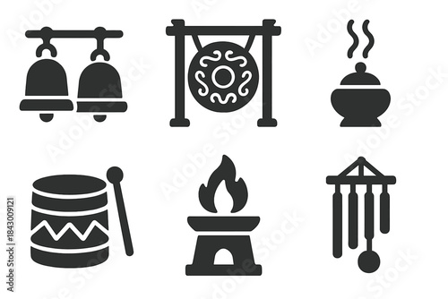 Ritual Signaling Icons. Solid style icons of ritual signaling devices: ceremonial bells, carved gongs, smoke emitters, sacred