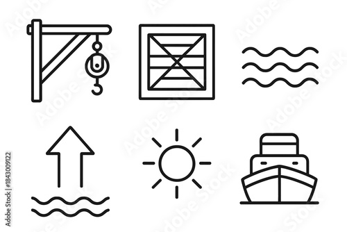 Marine Yardarm Icons. Line style icons of marine yardarm harvest: crossbeam with pulley, crate symbol, ripple motion, upward arrow