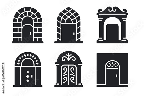 Artistic Entrance Icons. Solid style icons of artistic comprehension entrances: mosaic arch, tessellated doorway, decorative