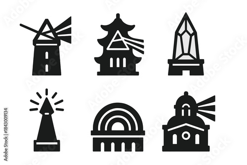 Spectral Architectural Icons. Solid style icons of spectral architectural motifs: light-splitting tower, refractive pagoda,