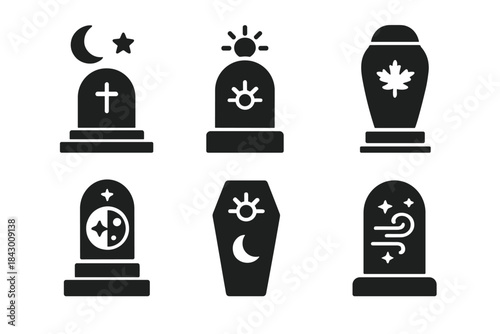 Astronomical Tomb Icons. Solid style icons of astronomical tomb motifs: celestial tomb, solar-shifted grave, seasonal sarcophagus,