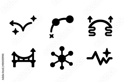 Dynamic Energy Icons. Solid style icons of dynamic energy paths: rebounding connection, lively link, springy span, energetic