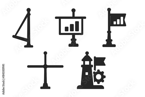 Maritime Yield Icons. Solid style icons of maritime yield structures: spar of a ship, boom showing harvest, yardarm displaying