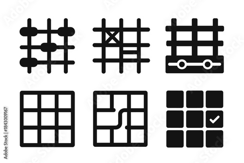 Adjustment Grid Icons. Solid style icons of adjustment-focused grids: framework channel, lattice groove, grid rut, structure