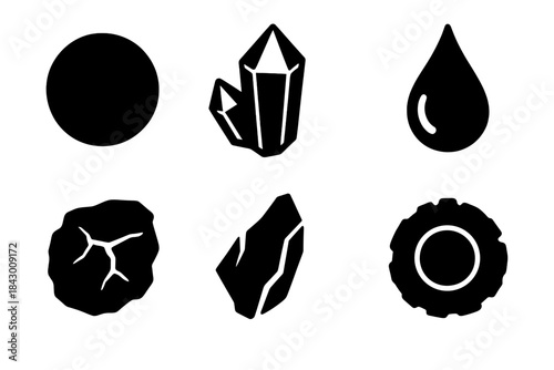 Rare Element Icons. Solid style icons of rare element design: ytterbium sphere, lanthanum crystal, neodymium shard, cerium droplet