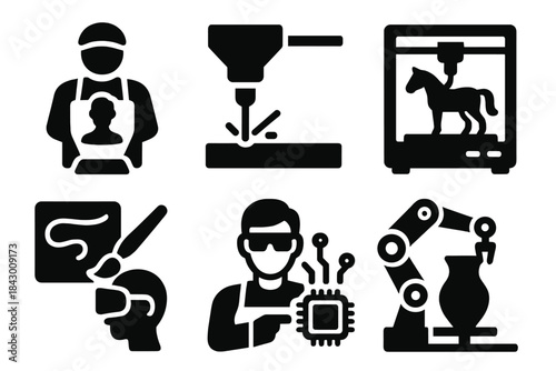 Digital Craftsmanship Icons. Solid style icons of digital craftsmanship: holographic sculptor, laser engraver, 3D printer, virtual