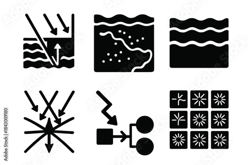 Marine Optics Icons. Solid style icons of scientific ocean art: marine optics diagram, deep-sea reflection map, underwater wave