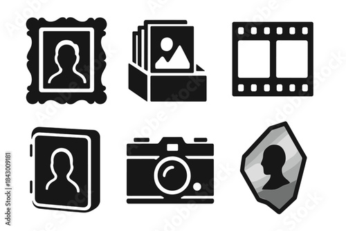 Memory Preservation Icons. Solid style icons of memory preservation: antique photo frame, glass-plate archive, aged film strip,