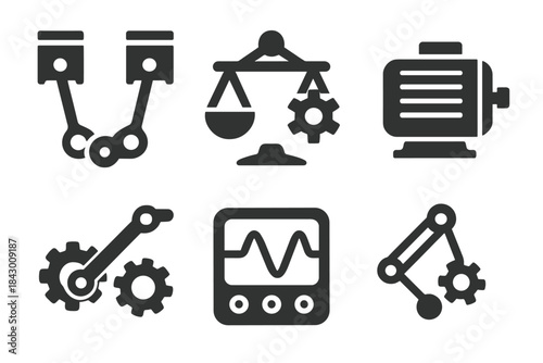 Engine Rhythm Icons. Solid style icons of engineering rhythm: synchronized piston, mechanical swing lever, harmonic motor housing,