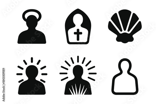 Divine Silhouettes Icons. Solid style icons of transcendental forms: divine silhouette, blessed reflection, sacred aura shell,