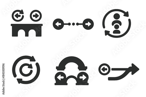 Temporal Icons Collection. Solid style icons of temporal linkage: past-future bridge, timeline conduit, generational chain loop,