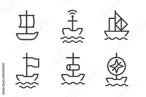Nautical Line Art Icons. Line style icons of ship arm results: mast bar, ocean signal, data sail, result flag, marine beam,