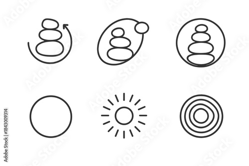Balanced Motion Stones. Line style icons of balanced motion stone: curved rotation, steady orbit, continuous pebble, smooth circle