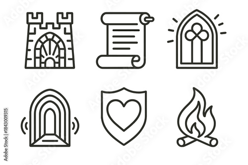 Blissful Tale Icons. Line style icons of blissful tale fortress: radiant gate, narrative scroll, luminous window, heart emblem,
