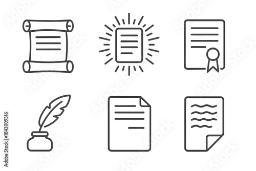 Parchment Icon Set. Line style icons of leading parchment of realism: open scroll, radiant page, truthful seal, guiding quill,