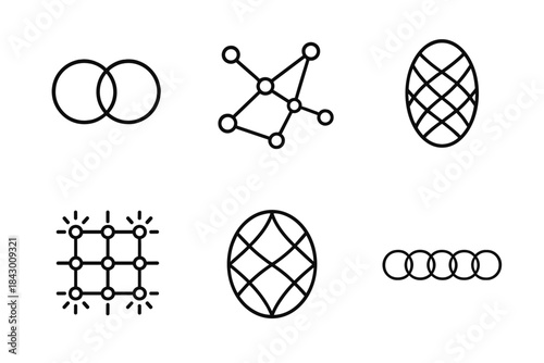 Cosmic Web Icons. Line style icons of linked lattices of cosmologies: connected rings, cosmic web, glowing nodes, spiritual mesh,
