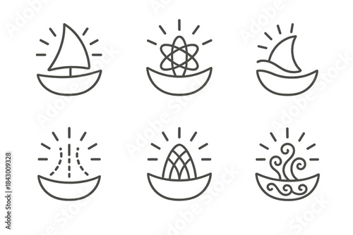 Luminous Elemental Icons. Line style icons of luminous elemental vessel: bright sheet, metallic contour, atomic wave, radiant path