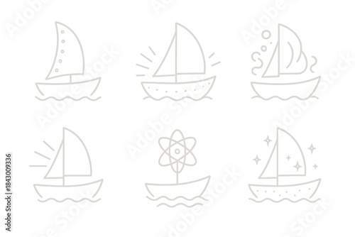 Futuristic Element Boat. Line style icons of rare-element veil boat: metallic sail, glowing hull, chemical mist, radiant cover,