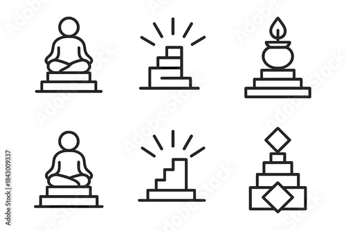 Meditative Tower Icons. Line style icons of meditative holder on stepped tower: layered cup, radiant stairs, sacred vessel, calm