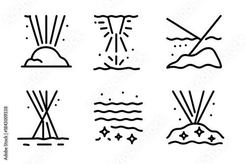 Seafloor Light Dynamics. Line style icons of seafloor masses splitting light: underwater mound, radiant beam, refracted ray,