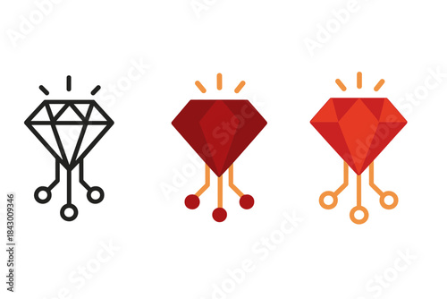 Glowing Garnet Icons. three minimal vector icons of a glowing garnet gemstone connected by ember-like circuit lines, line outline