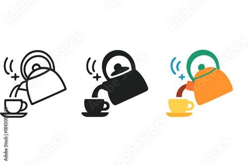 Kettle Icons Collection. three minimal vector icons of a shiny kettle making whistle sound before pouring tea, line outline style,