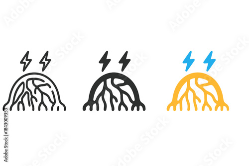 Mycelium Bridge Icons. three minimal vector icons of mycelium-inspired organic bridge emitting bioelectric pulses, line outline