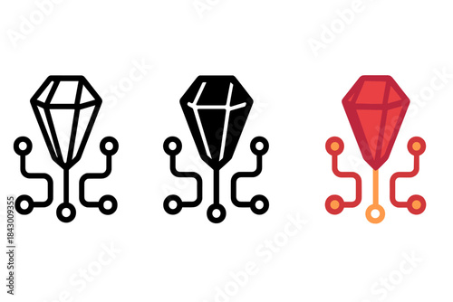 Garnet Network Icons. three minimal vector icons of a garnet crystal fused with digital ember network paths, line outline style,