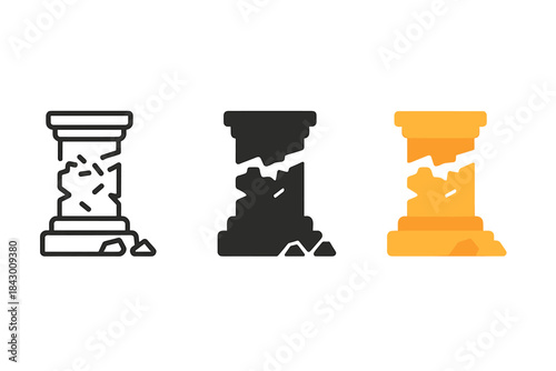 Monument Memory Icons. three minimal vector icons of a fragmented monument representing erased memories, line outline style, solid