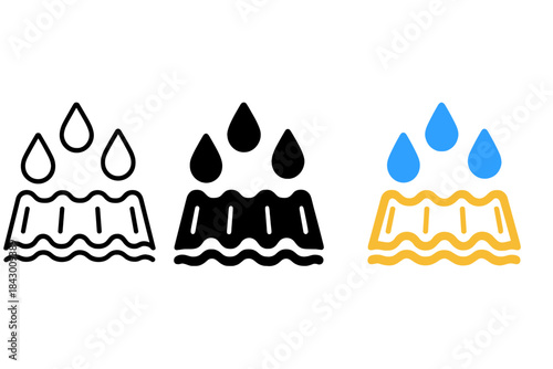 Minimal Raindrop Icons. hree minimal vector icons of raindrops falling on a tin roof creating rhythmic code patterns, line outline