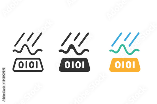 Sound Wave Icons. three minimal vector icons of sound waves from rain tapping on a tin roof turned into digital code, line outline