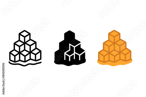 Honeycomb Basalt Icons. three minimal vector icons of a natural basalt landscape shaped like honeycomb geometry, line outline