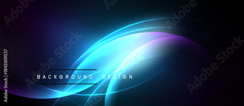 Abstract neon lines create flowing shapes. Dark background emphasizes bright blue, purple glow. Modern design element.