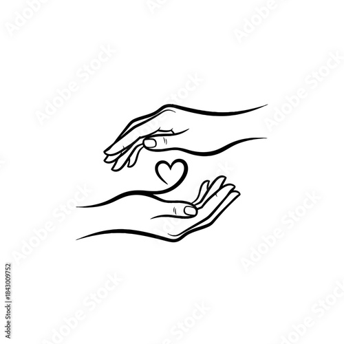 Line art illustration of two hands gently holding and protecting a small heart, symbolizing care, love, and compassion.