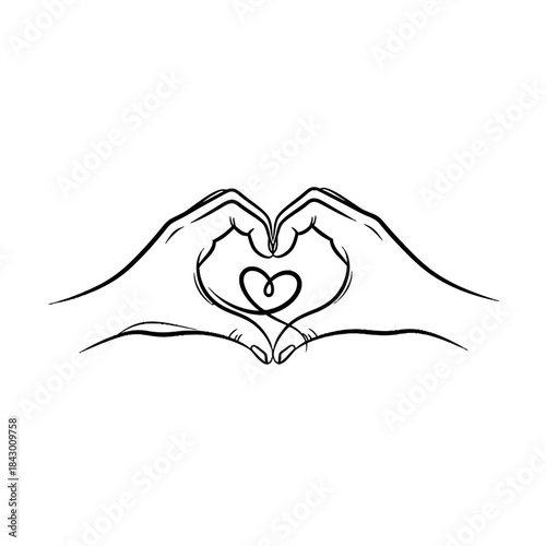 Line art drawing of two hands forming a heart shape with a continuous line heart inside, symbolizing love and connection.