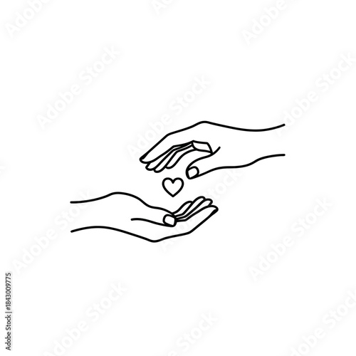 Minimalist line art illustration of two hands exchanging a heart, symbolizing love and care.