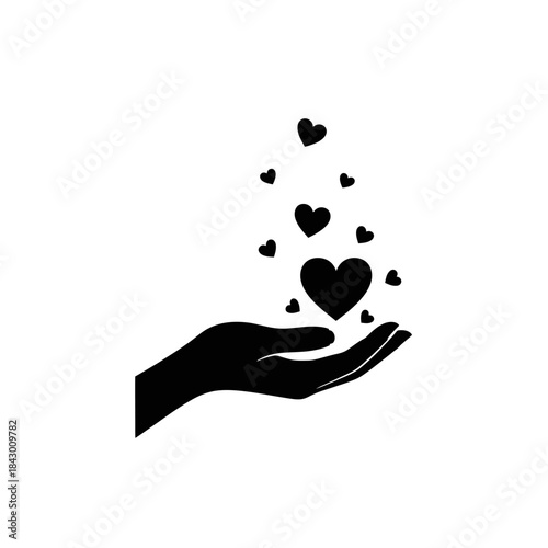 Black silhouette of an open hand holding and releasing multiple heart shapes, symbolizing love, care, and giving.