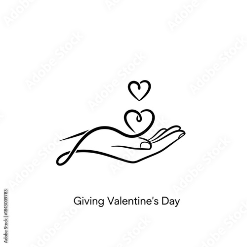 A minimalist line art drawing of an open hand holding two hearts, symbolizing giving and love, suitable for Valentine's Day.