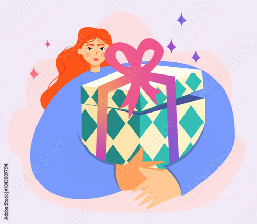 Red-Haired Girl Holding a Large Gift Box in a Simple Modern Illustration