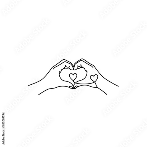 Line art illustration of two hands forming a heart shape with two smaller hearts inside, symbolizing love and connection.