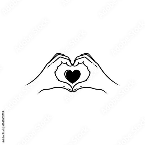 Black and white line art illustration of two hands forming a heart shape with a solid black heart icon in the middle.