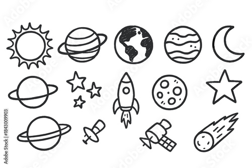 Space elements linear icon set. featuring sun, planets, earth, moon, stars, rocket, satellite, comet