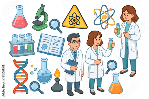 Science experiment flat icon set. featuring scientist, microscope, flask, dna, atom, and test tube symbols