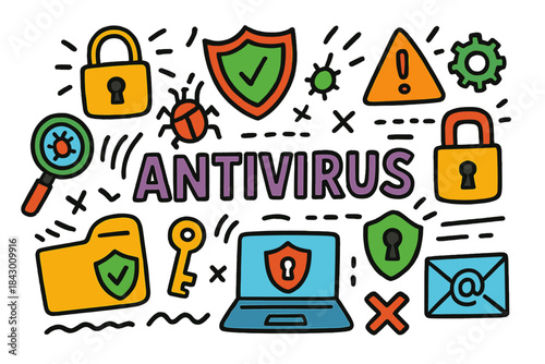 Cybersecurity flat icon set. featuring antivirus, shield, bug, lock, folder, key, laptop, email, and warning symbols