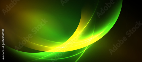Abstract design features vibrant green, yellow curves. Smooth gradients create dynamic, flowing visual effect. Dark background emphasizes luminosity.