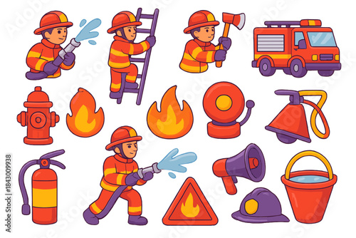 Firefighting flat icons set. featuring firefighter, hose, ladder, truck, hydrant, fire, helmet, and extinguisher symbols