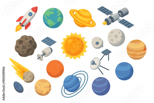 Space exploration flat icon set. featuring rocket, planets, asteroid, satellite, comet, and telescope icons